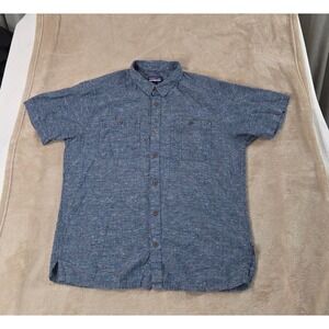 Patagonia Back Step shirt men size Large blue Print Hemp Organic Short sleeve